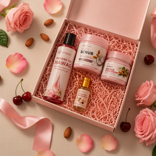 A pink gift box filled with three bath and body products: a shower gel bottle, a scrub jar, and a body butter jar, arranged on a pink background with roses, cherries, almonds, and ribbon.
